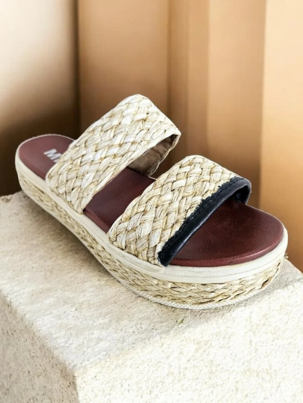 MIA Kady Platform Slide Sandals 6.5 Braided Raffia Slip On Natural Woven